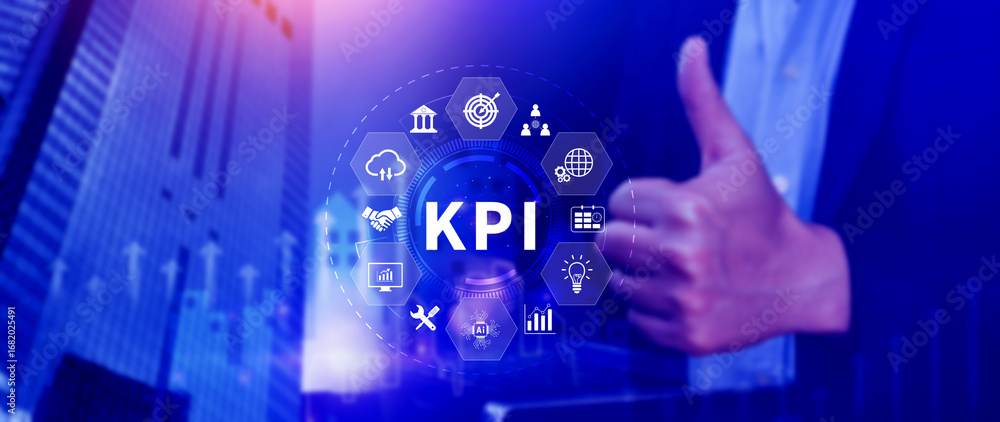 Fototapete kpi, key performance indicator concept, management data system kpi connected database follow earning