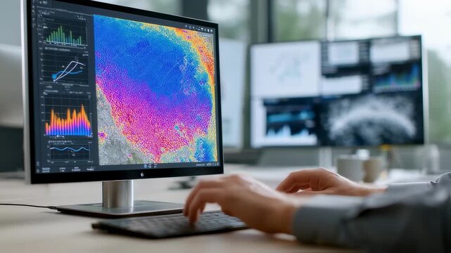 Medium shot showing a persons hand scrolling through a dynamic doublemateriality heatmap on a touchscreen monitor with outoffocus graphs in the background.