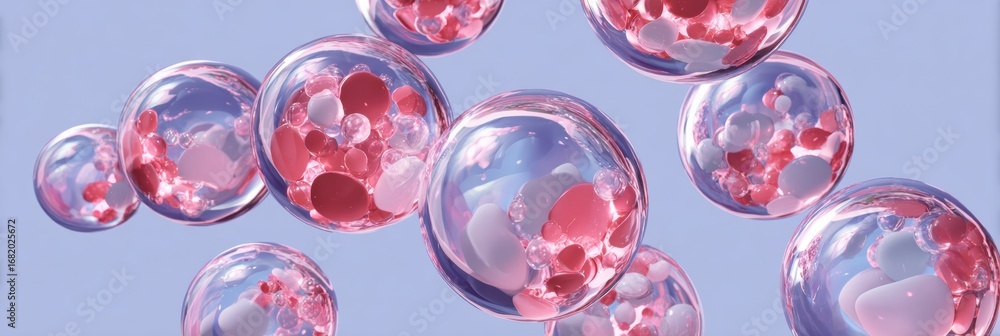 Poster colorful bubbles of different sizes float in a clear blue sky, adding a whimsical charm to the scene