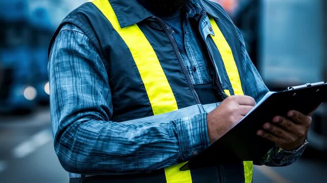 Medium shot of logistics coordinator examining shipping documents against blurred truck fleet spotlighting hotspot reduction strategies in purchased goods supply chain emissions.