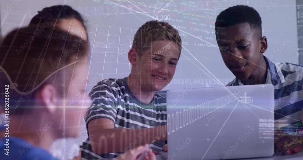 Poster teen boy typing on laptop initiating animated tech code, classmates jotting notes and graphing data