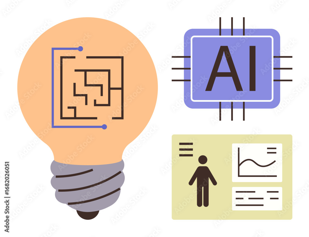 Poster lightbulb with circuit, ai chip, and analytics dashboard representing innovation, machine learning, 