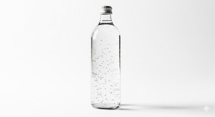 Fototapeta premium Clear glass bottle of sparkling water with bubbles, in bright studio