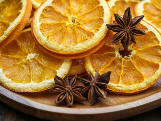 Closeup macro of dried dehydrated orange slices and star anise