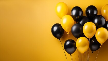 black and yellow balloons with a smiley face on a yellow background
