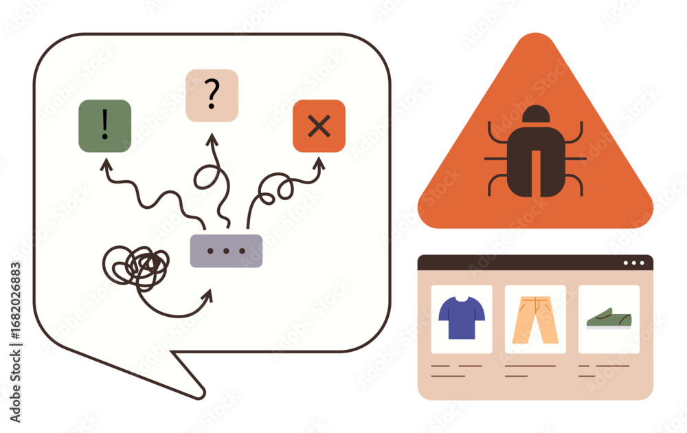 Poster speech bubble with decision-making elements, tangled arrows, and web application showcasing clothing