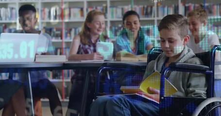 Five students at library table seeing data overlay and studying while wheelchair user smiling - Powered by Adobe