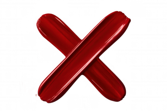 Red paint strokes crossing, forming x-shaped mark on transparent surface, symbolizing rejection or cancellation