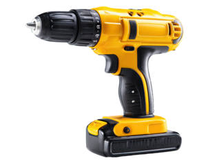 A bright yellow cordless drill, angled slightly to the right, sits on a plain white background.  The drill has a black grip and components.  The battery pack is attached