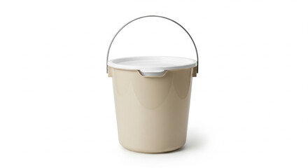 Empty beige plastic bucket with a metal handle and white lid on an isolated transparent background