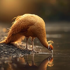 "Golden Pheasant Drinking Water by the Riverside at Sunset"