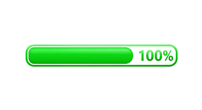 Green loading progress bar showing 100 percent completion on an isolated transparent background
