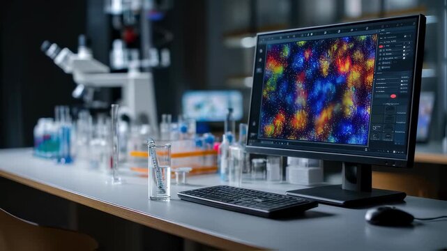 Medium shot highlighting the brightly colored AIoptimized mRNA codonusage heatmap on a lab monitor codon clusters in focus against a muted workspace backdrop.