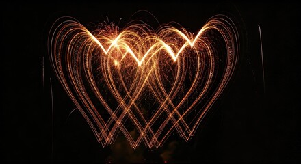 Three intertwined heart shapes traced by light painting, fiery orange trails against a black background