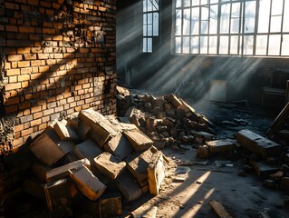 Abandoned Urban Ruin: Sunlit Industrial Interior Showcasing Decay and History with Vintage Decor and Architecture