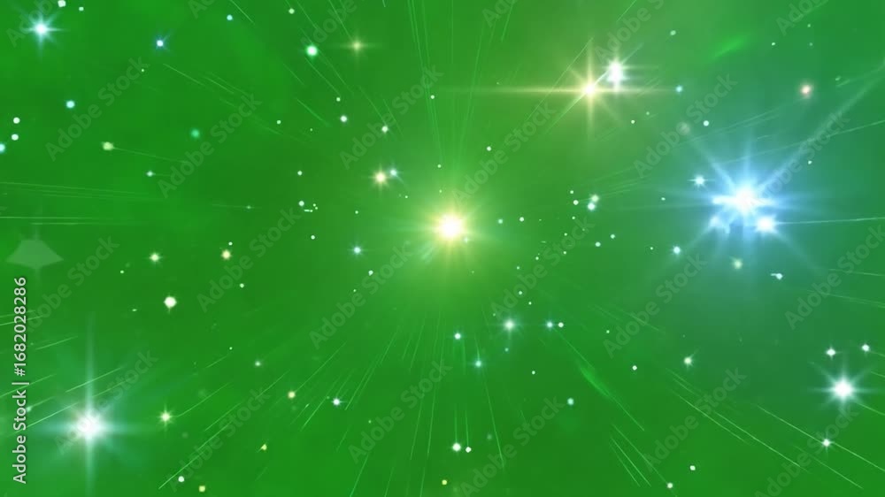 Poster an abstract digital background featuring vibrant green rays and twinkling stars, perfect for creatin