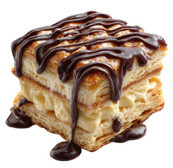 Square pastry slice, layered with creamy filling, drizzled with chocolate