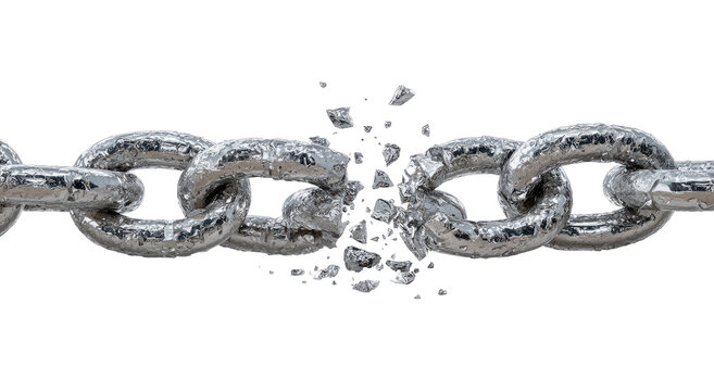 A metal chain breaks apart, fragments flying outward