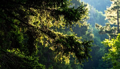 Sunlight filtering through evergreen branches