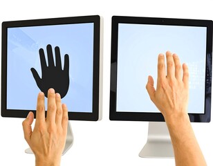 Two computer monitors showing a hand icon, with hands hovering over the screens