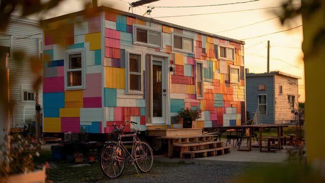 Medium shot capturing colorful exterior walls of a tiny home at sunset lively blurred communal courtyard behind reflecting vibrant and harmonious community living.