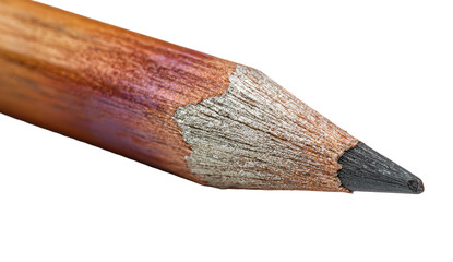 Close-up of a pencil's point and wooden shaft.  The graphite tip is dark and slightly worn.  The wood is light brown, showing grain