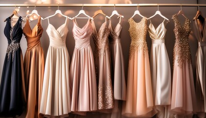 elegant dresses hanging on hangers in a clothing store