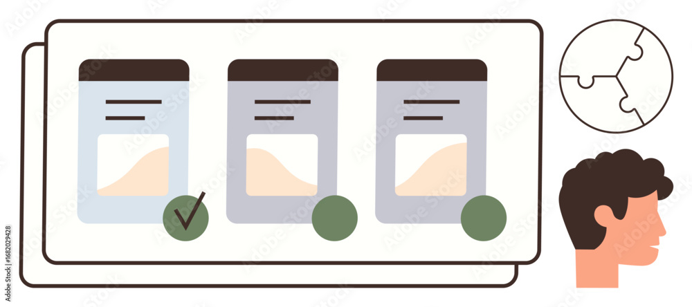 Poster three task cards in a row, one marked as selected with a checkmark, puzzle piece icon, and human pro