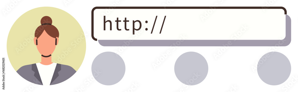 Poster female user avatar beside active search bar displaying http, accompanied by interface shapes. ideal 