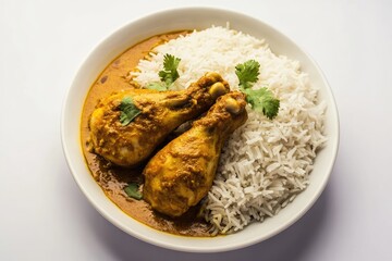 Fototapeta premium Two succulent chicken drumsticks simmered in a rich, yellow curry sauce, served alongside a generous portion of fluffy white rice, garnished with fresh cilantro
