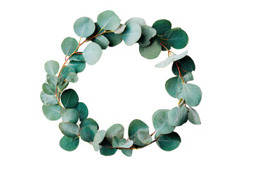 Teal eucalyptus wreath, circular frame, dark background