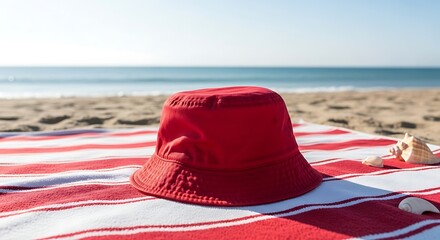 Red Bucket Hat on Striped Towel at Beach