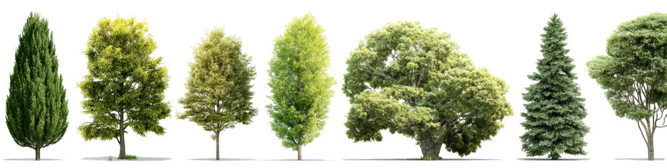 Row of various trees, differing shapes and sizes