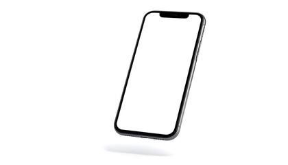 Naklejka premium Modern, black smartphone with blank screen, isolated on white background, showcasing a sleek design.