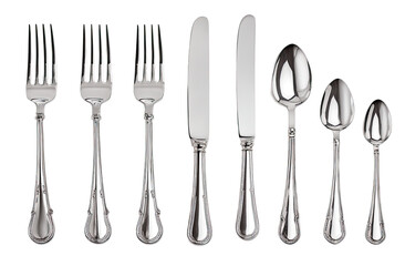 Elegant silverware set, various utensils, polished metal