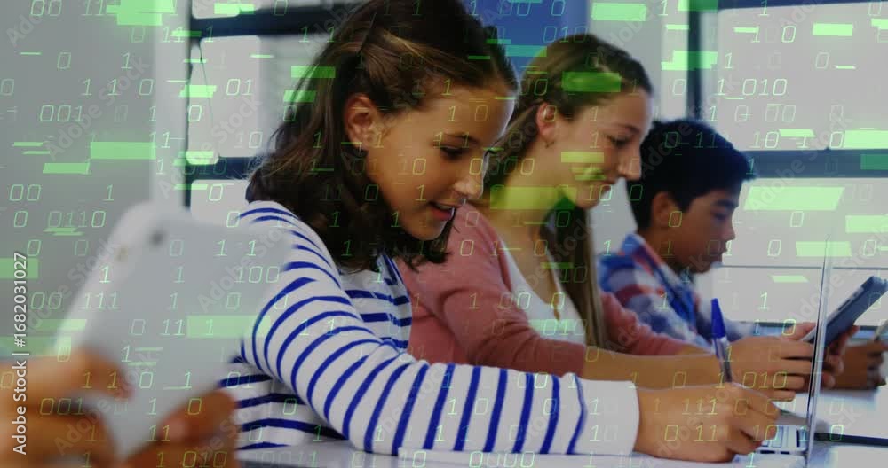 Poster after smartphone lift students studying with devices for learning while binary overlay drifting