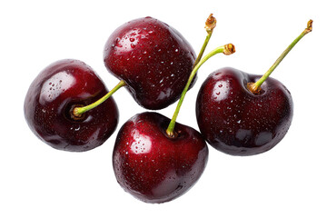 Four fresh, plump cherries, glossy and dark red, with water droplets clinging to their surfaces, arranged in a slightly overlapping cluster.  Stems and tiny leaves are visible