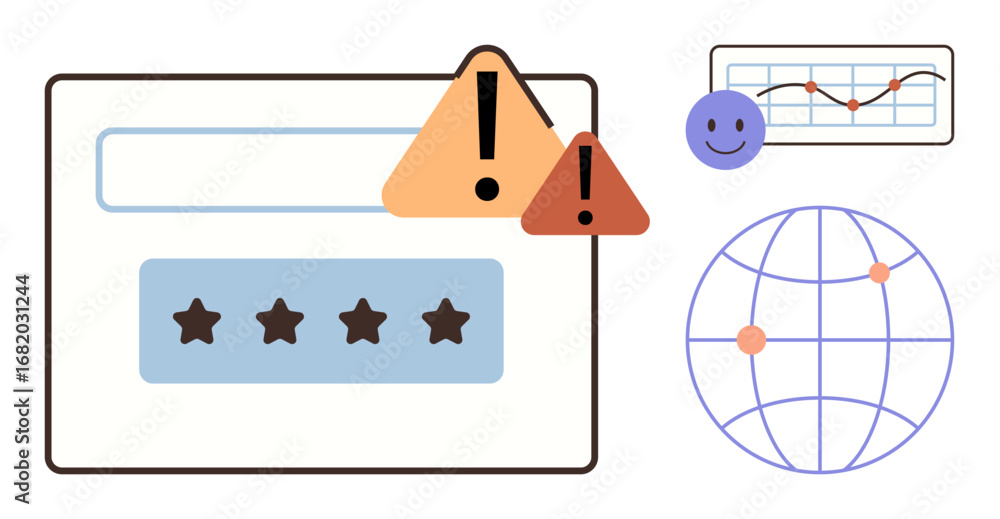 Poster browser window with alert signs, star rating, graph with happy face, and global map connecting point