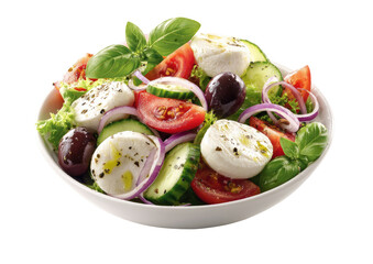 Fresh salad bowl with mozzarella, tomatoes, cucumbers, olives, and red onion.  Garnished with basil