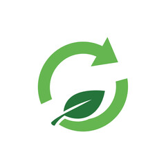 Obraz premium Green recycle symbol with arrow and leaf on white background.