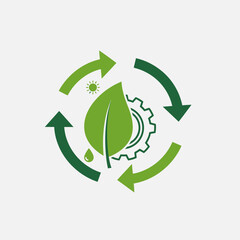 Obraz premium Green leaf and gear icon with circular arrows representing sustainability.
