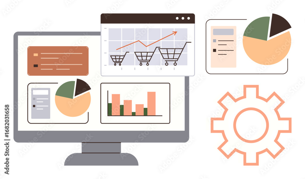 Poster computer screen displaying graphs, pie charts, bar charts, shopping carts, and data forms. gear icon
