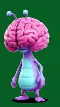 Whimsical 3D Cartoon Brain Alien Character with Pink Head and Antennae