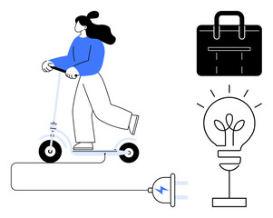 Person riding electric scooter connected to plug representing renewable energy. Lightbulb symbolizes ideas, briefcase signifies work or business. Ideal for sustainability, innovation, urban mobility