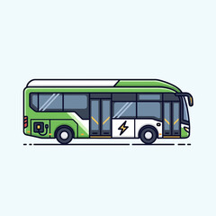Green and white bus side view illustration on a light blue background.