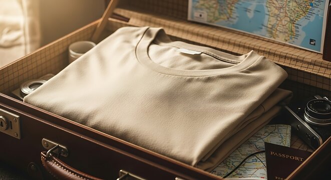 T-shirt in Suitcase with Camera and Map