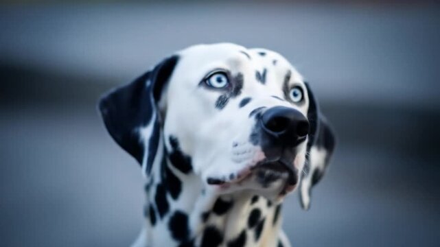 Close-up of a beautiful Dalmatian dog with striking blue eyes looking attentively.