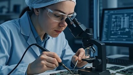 Female Engineer Soldering Microchips on Circuit Board Under Microscope in High-Tech Laboratory - Powered by Adobe