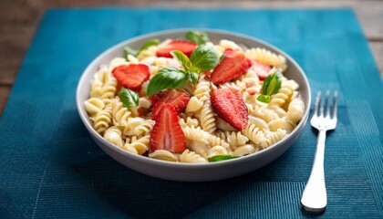 a delightful creamy pasta salad featuring strawberries and fresh basil combining texture and flavor in a visually appealing dish that is perfect for warm weather gatherings