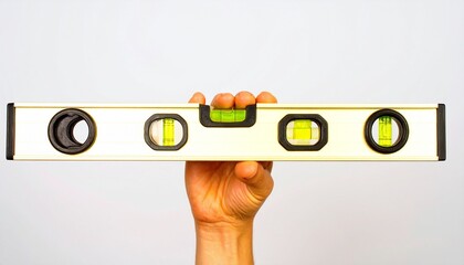 A hand holds a long, metallic spirit level against a plain white background. The tool displays multiple vials for accurate leveling.